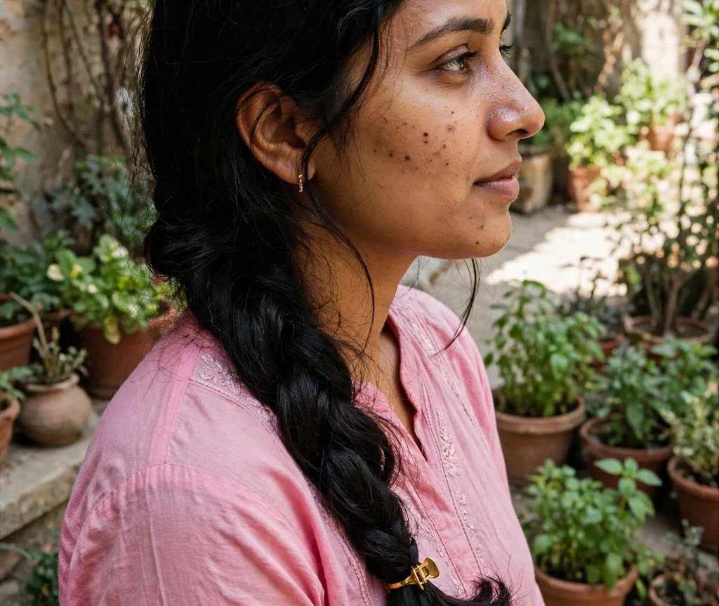 South Asian woman in her mid twenties with long black hair in a braided low ponytail finished with a claw clip, wearing a pink kurta in a courtyard