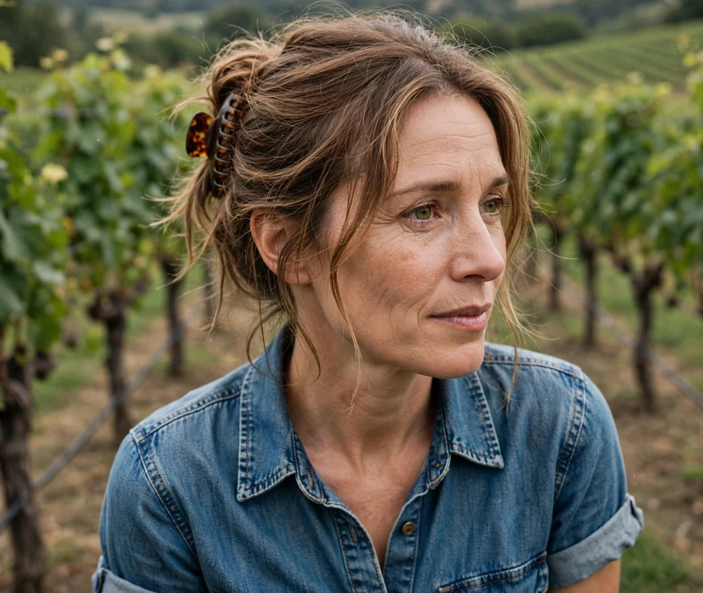 Caucasian woman in her late thirties with light brown hair in a relaxed messy French twist with a claw clip, wearing a denim dress in a vineyard
