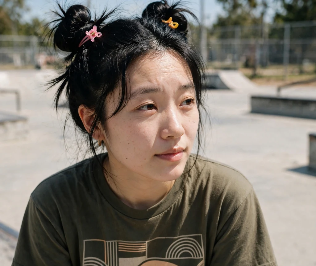 Young East Asian woman with black hair in double space buns secured with small claw clips, wearing a graphic tee at a skate park