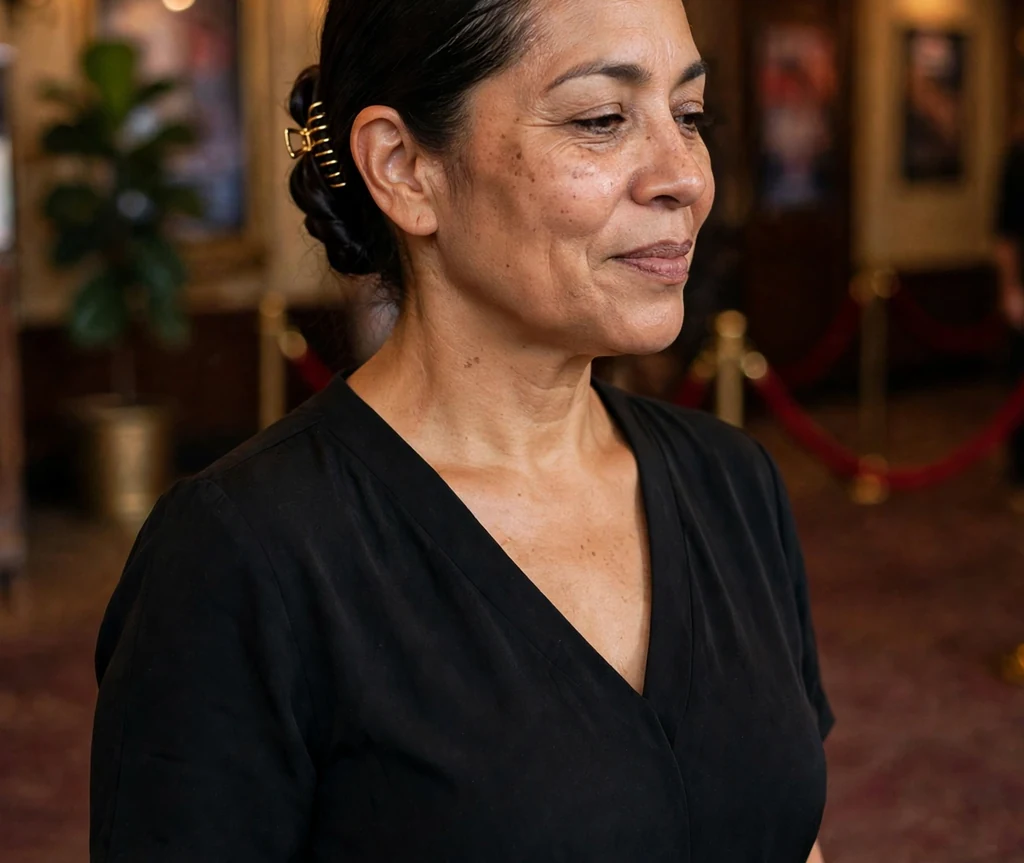 Latina woman in her mid forties with dark brown hair in a sleek side-part twist with a claw clip, wearing a black jumpsuit in a theater lobby