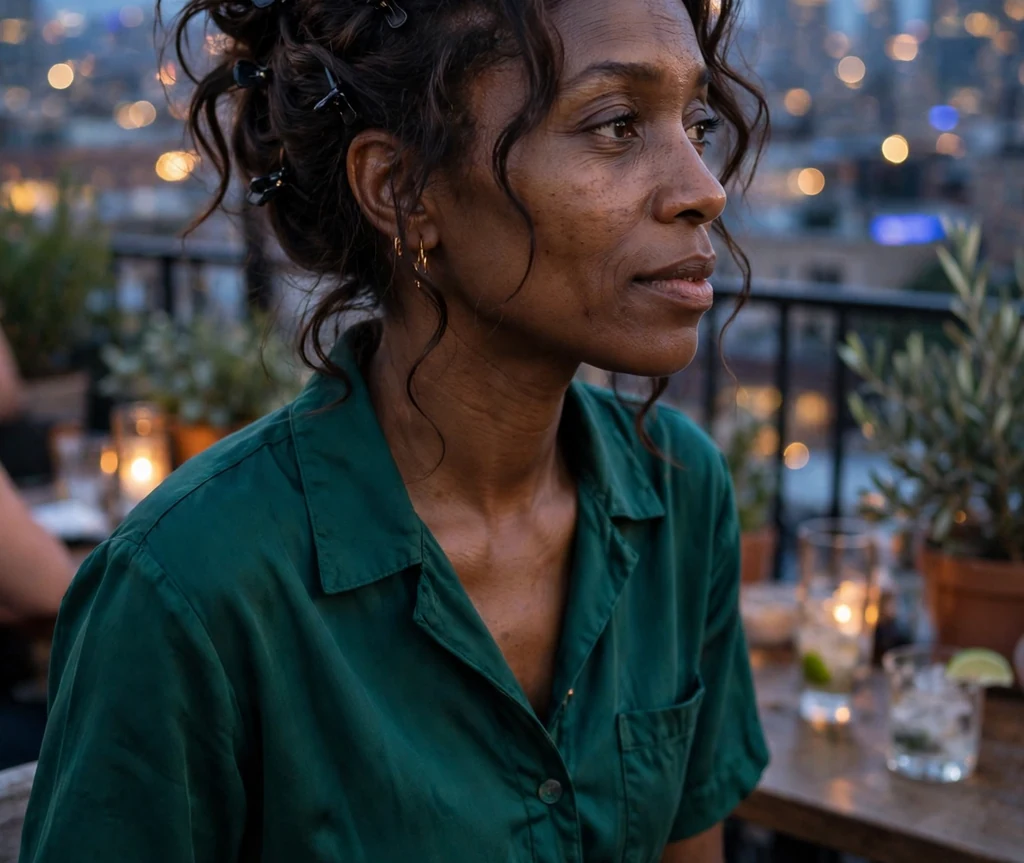 Black woman in her late twenties with dark brown textured lob hair pinned in a claw updo, wearing an emerald jumpsuit at a rooftop bar