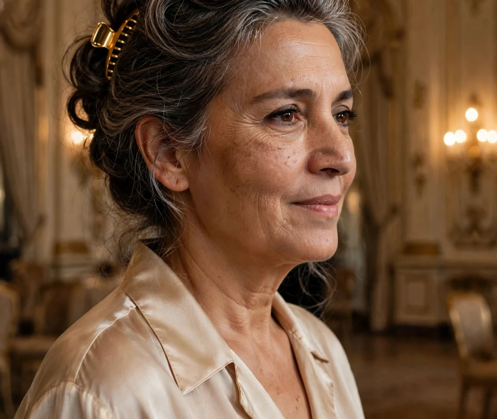 Middle Eastern woman in her mid fifties with salt-and-pepper hair in an elegant swirl updo with a claw clip, wearing a champagne blouse in a ballroom