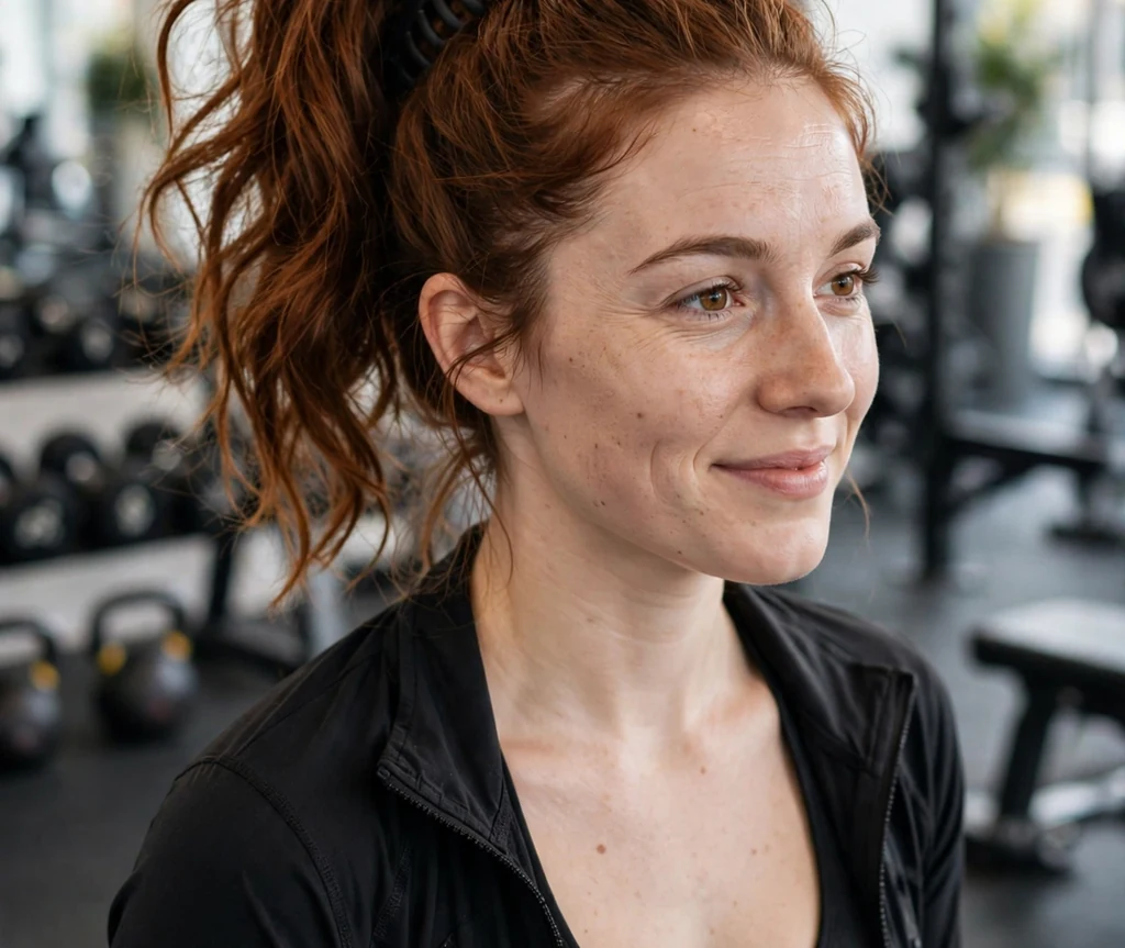 Caucasian woman in her mid twenties with auburn hair in a high ponytail secured with a sporty claw clip, wearing athletic wear in a gym