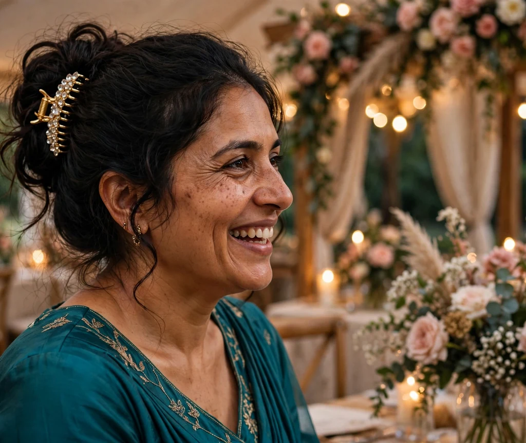 South Asian woman in her late thirties with dark hair in an ornate wedding guest updo with a gold claw clip, wearing a teal dress at a decorated wedding venue