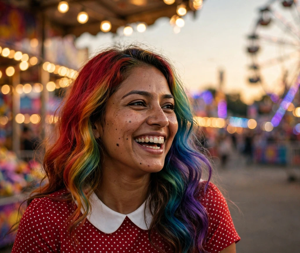 Woman with long wavy rainbow clown hairstyle at a carnival