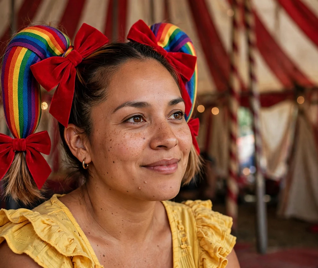 Woman with rainbow striped pigtails tied with big red bows