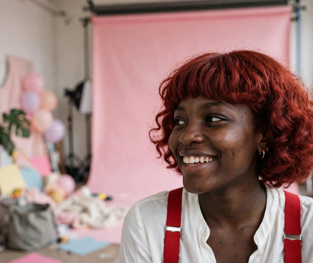 Woman with curly cherry-red clown bob haircut