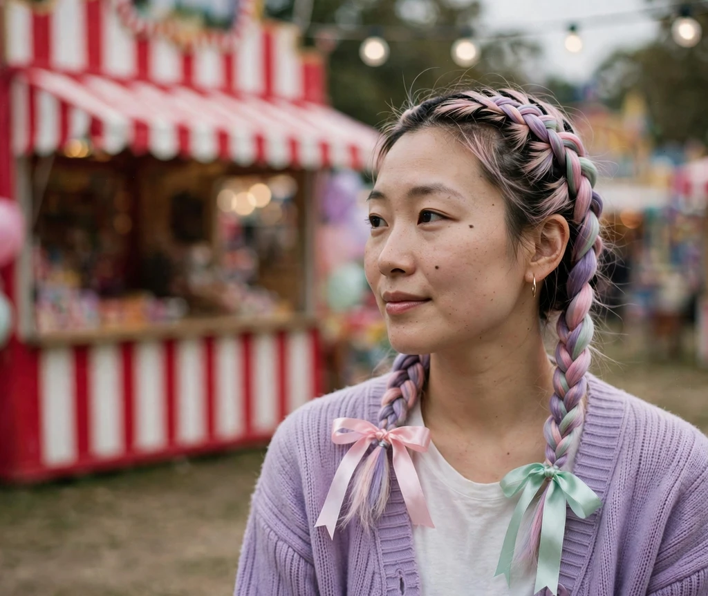 Woman with pastel pink lavender and mint braided pigtails