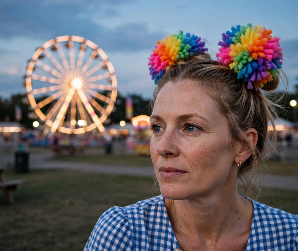 Woman with high space buns decorated with rainbow pom-poms