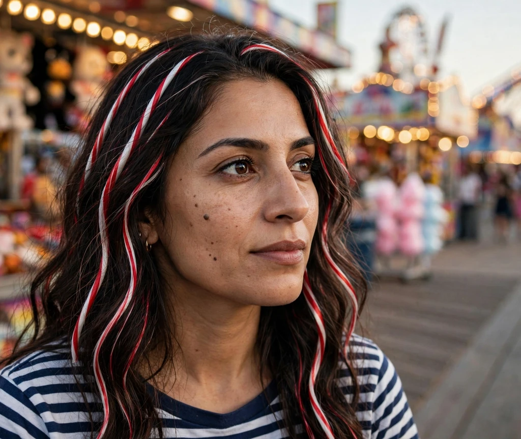Woman with long wavy hair featuring red and white candy stripes