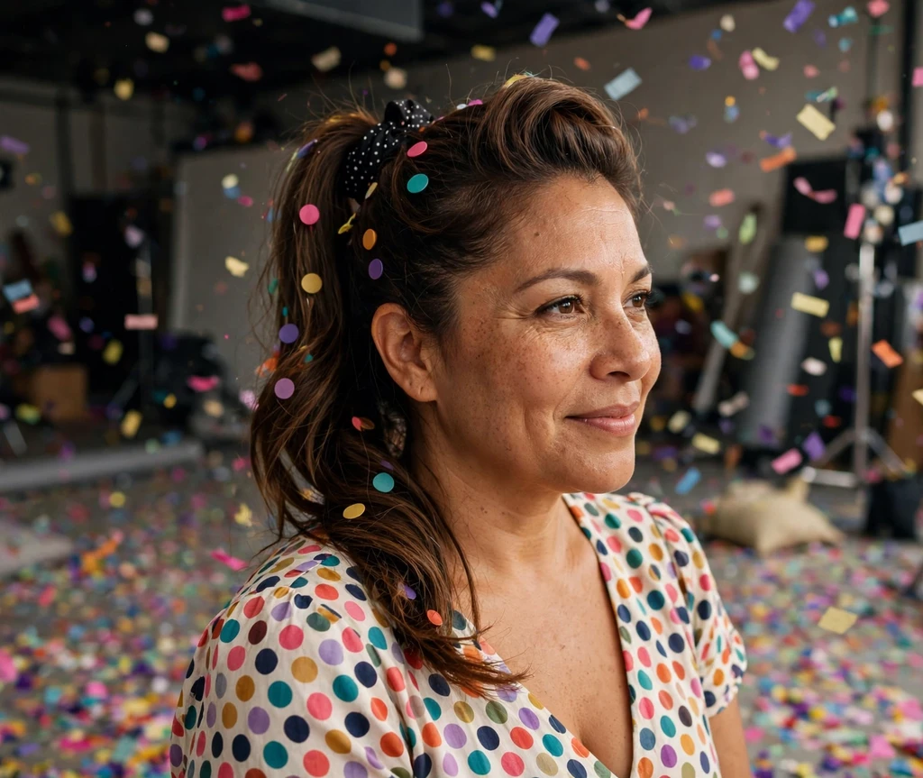 Woman with high side ponytail and polka dot scrunchie