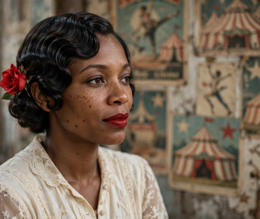 Woman with vintage marcel waves and a red flower in her hair