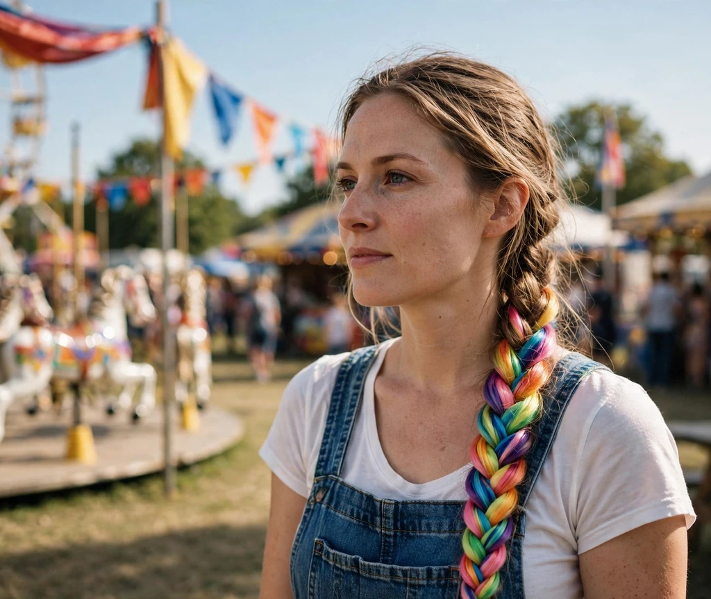 Woman with long rainbow fishtail braid over her shoulder
