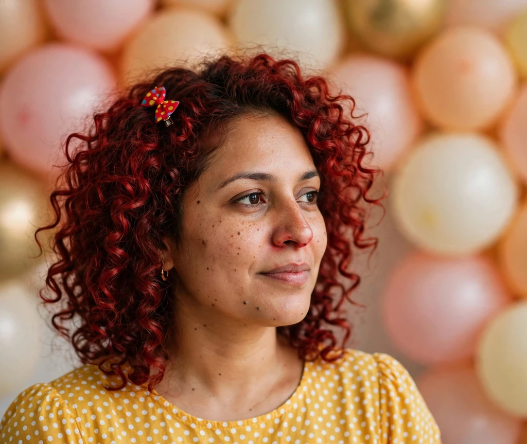 Woman with tight red ringlets and tiny clown bow