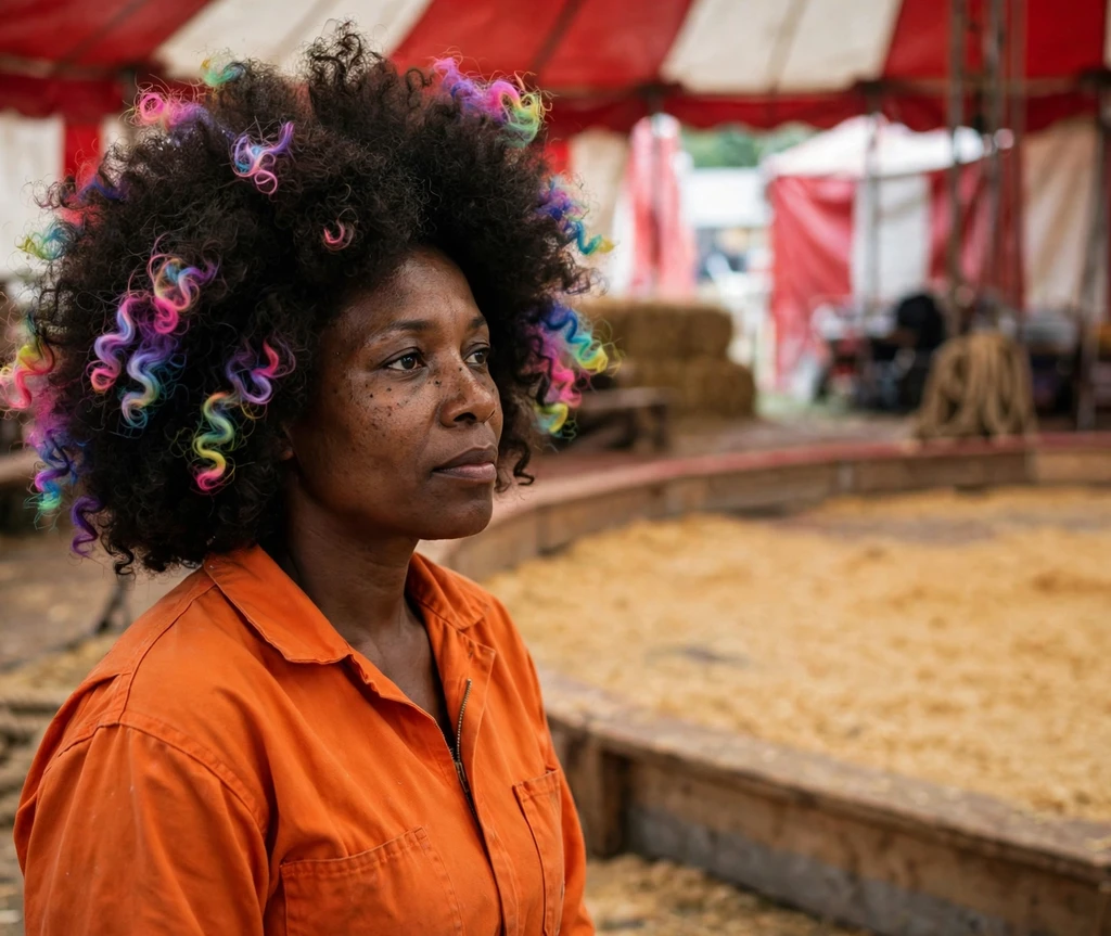 Woman with big bouncy afro with rainbow dyed tips