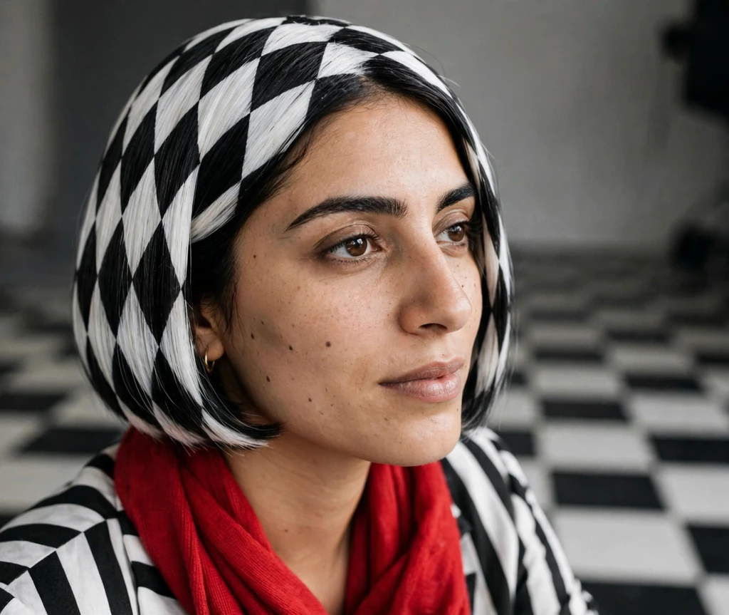 Woman with black and white harlequin diamond part bob