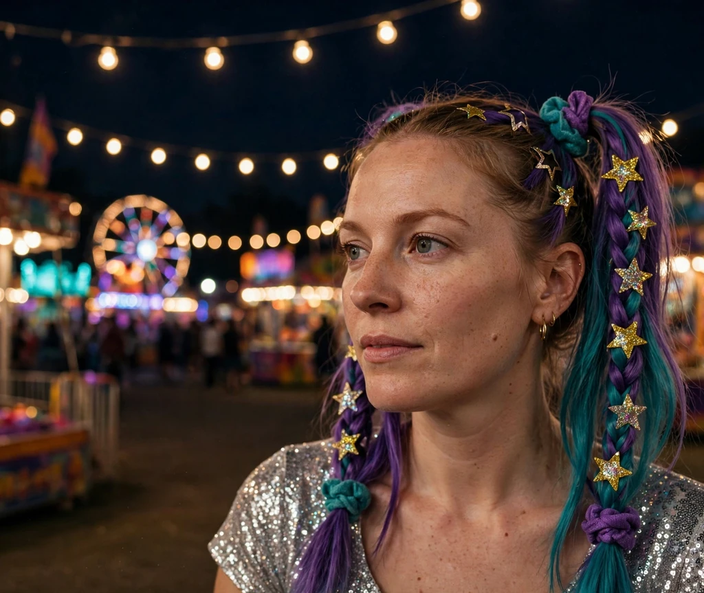 Woman with purple and teal pigtails decorated with star glitter clips