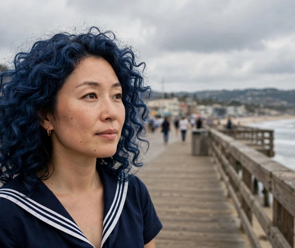 Woman with voluminous blueberry blue curls