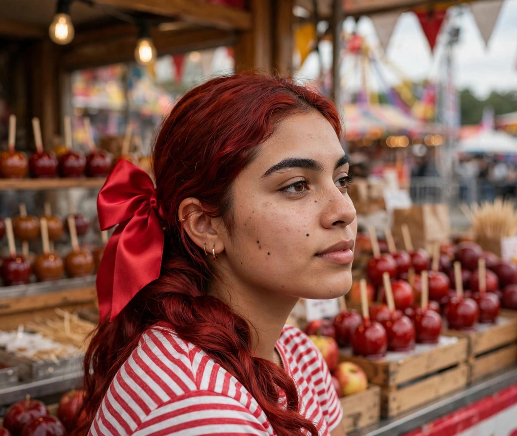 Woman with glossy candy apple red side ponytail with big bow