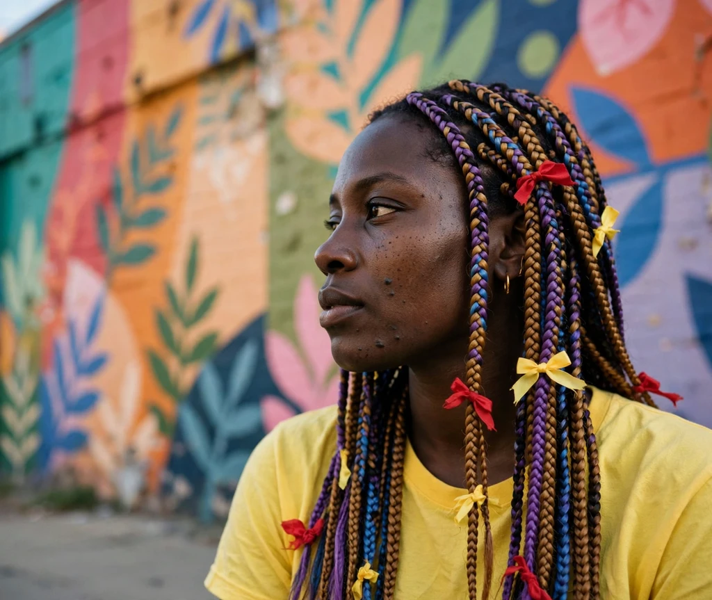Woman with multicolor box braids tied with red and yellow bows