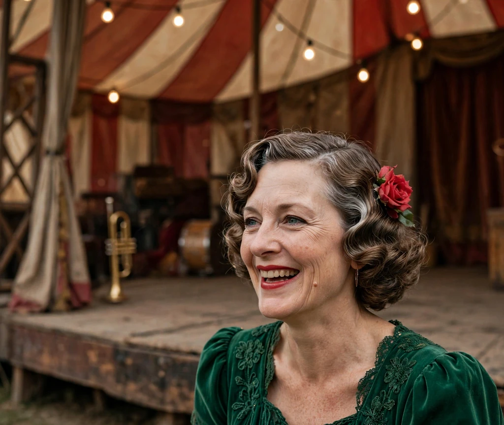 Woman with vintage finger waves and red rose in hair