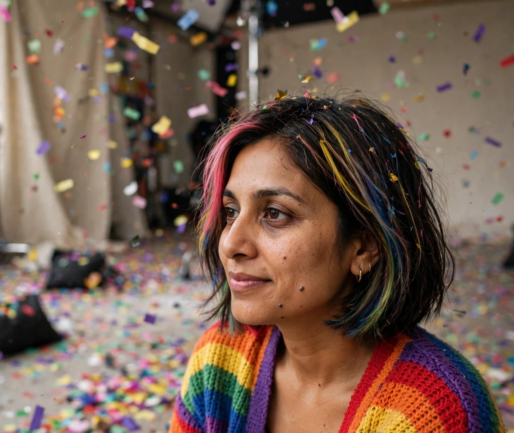 Woman with chin-length bob featuring colorful confetti streaks