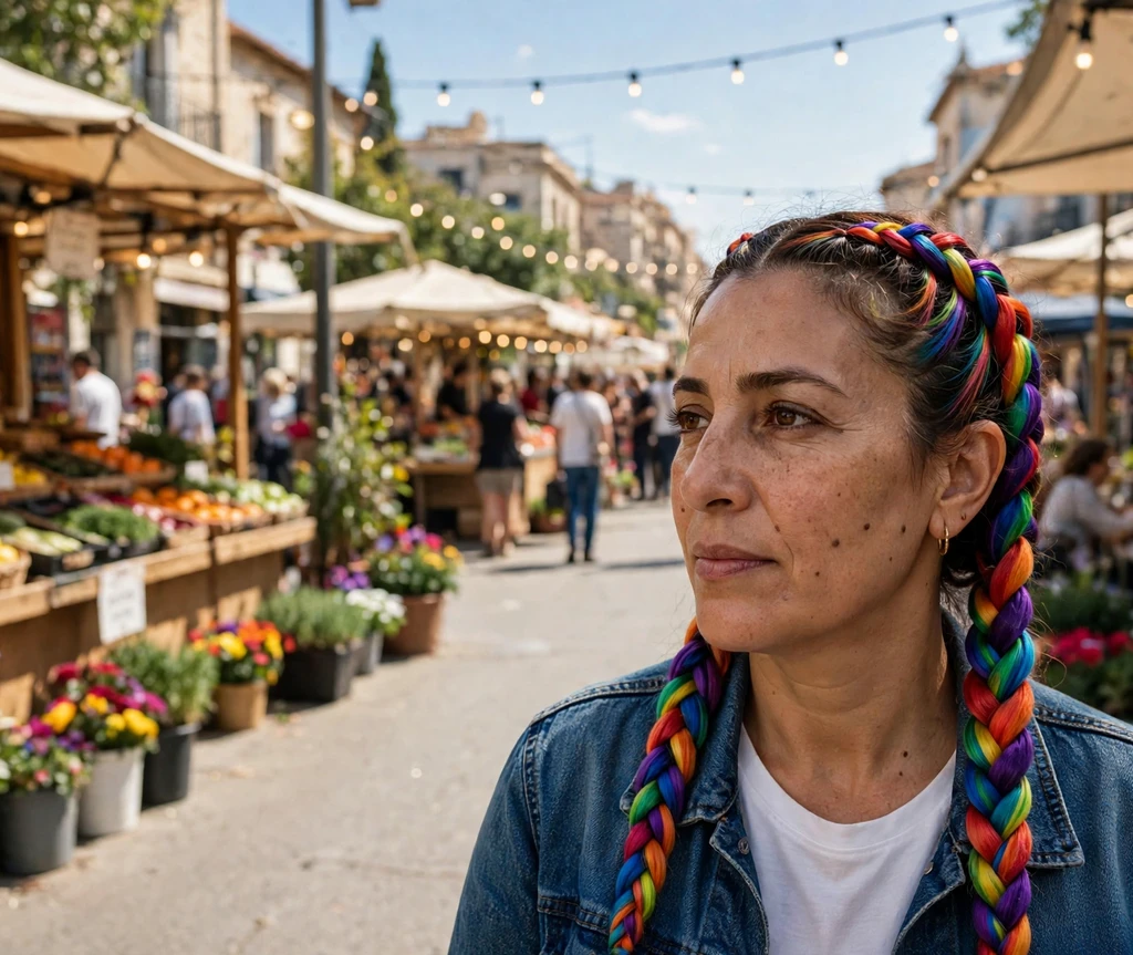 Woman with double dutch braids in rainbow colors