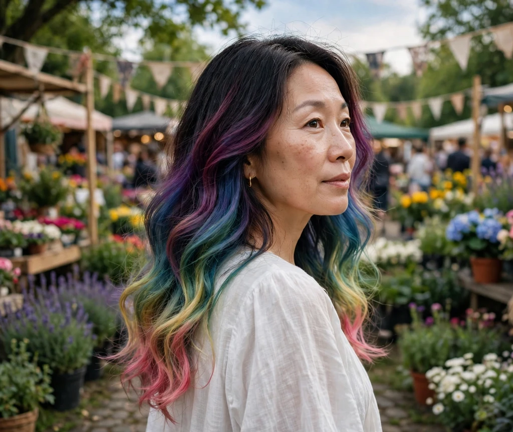 Woman with long rainbow ombre cascade waves