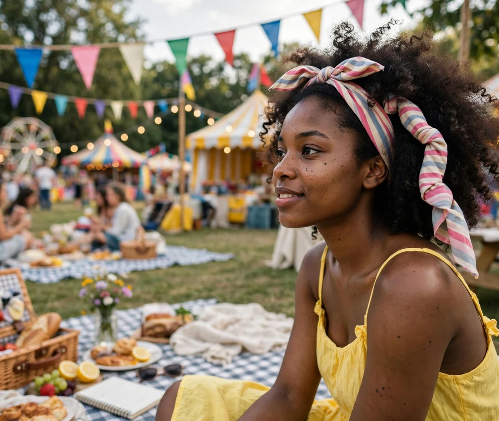 Woman with full curls and silly striped scarf headband