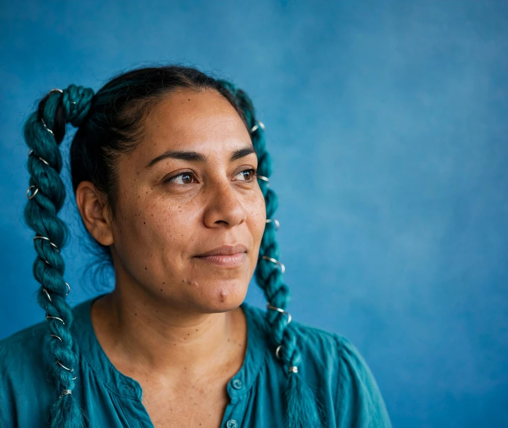 Woman with teal twisted pigtails with silver rings