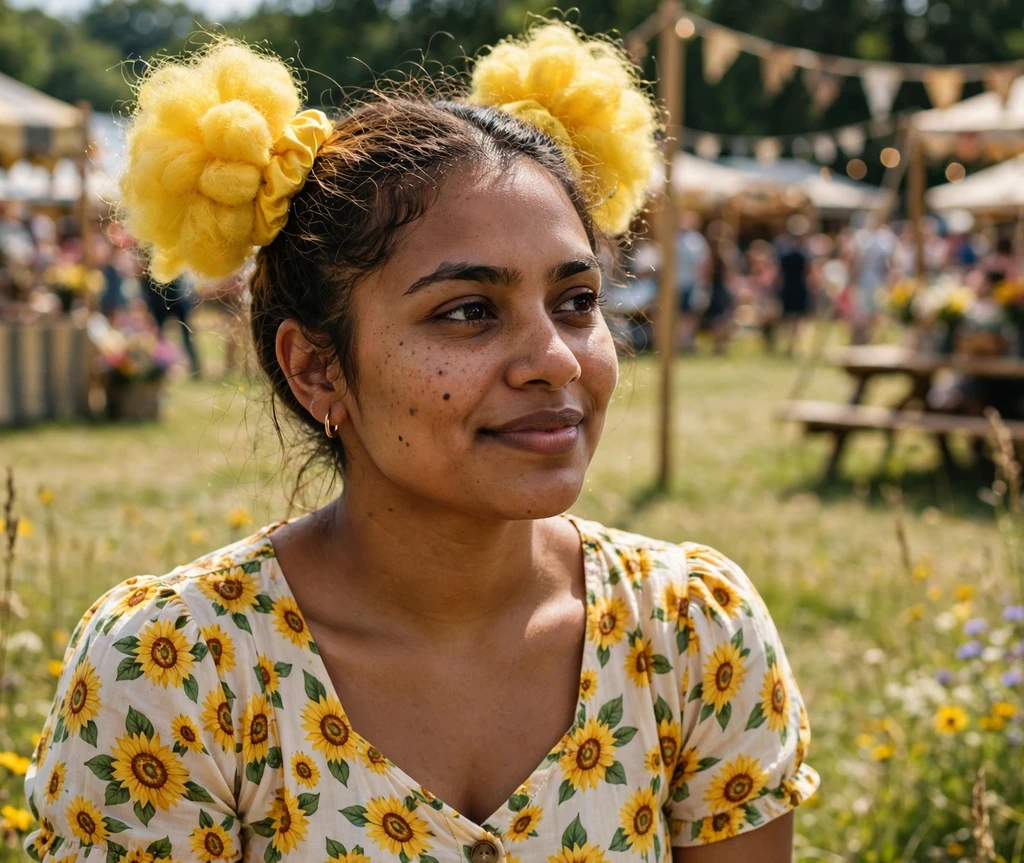 Woman with sunshine yellow puffball pigtails