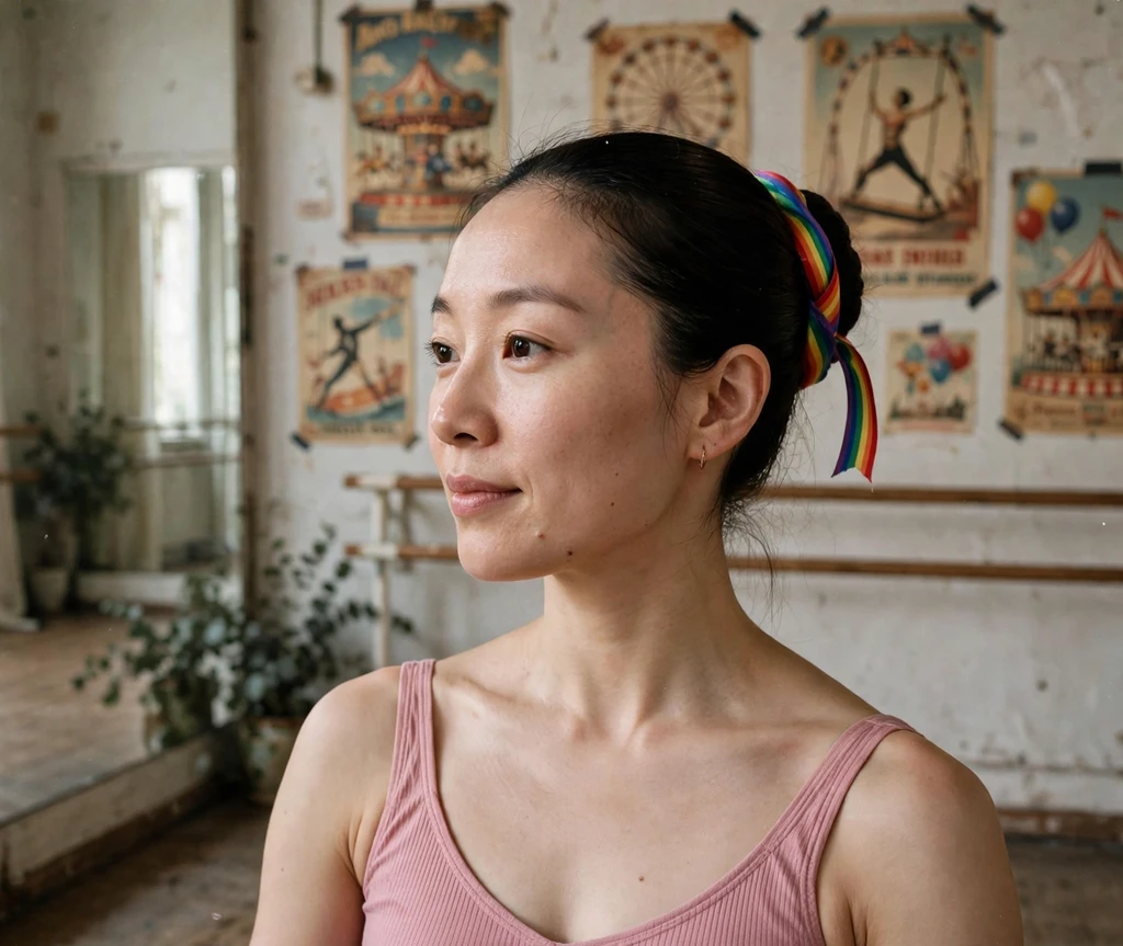 Woman with sleek ballerina bun wrapped in rainbow ribbon