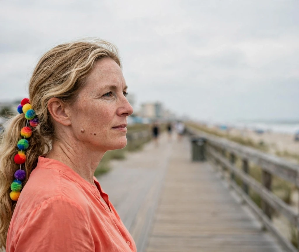 Woman with long wavy ponytail decorated with rainbow pom-poms
