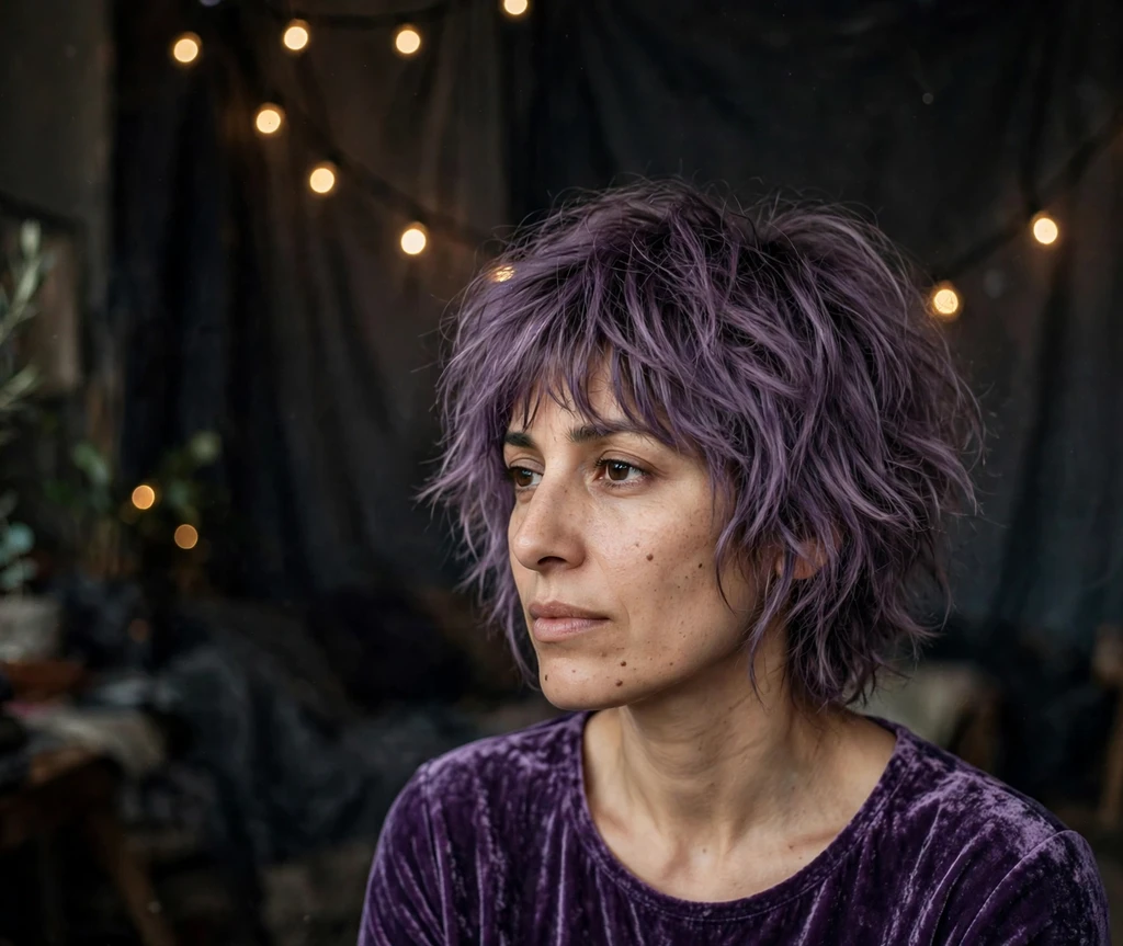 Woman with tousled purple haze shag haircut with bangs