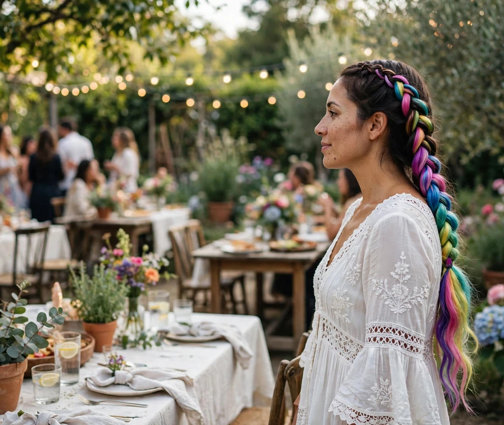Woman with rainbow waterfall braid cascading down her back