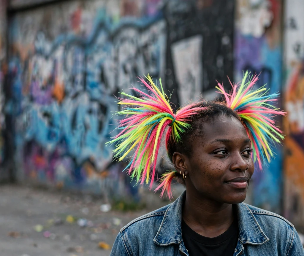 Woman with spiky pigtails in bright silly-string colors