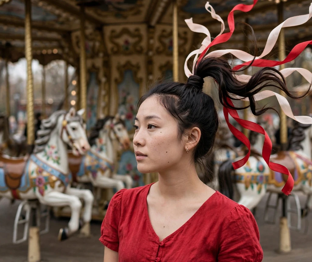 Woman with high twirl ponytail and long ribbon streamers