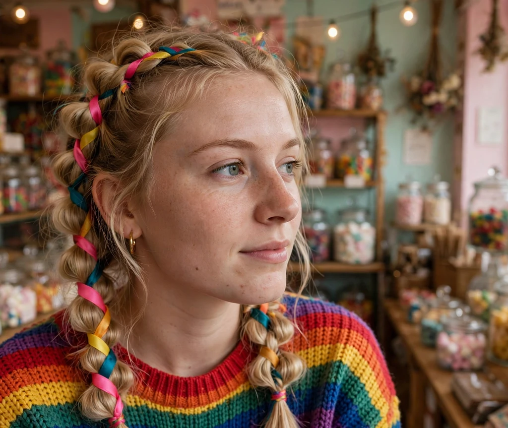 Woman with bubble braids woven with bright ribbons