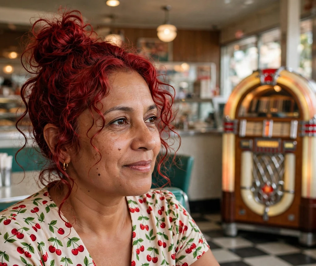 Woman with cherry red top knot and loose curls