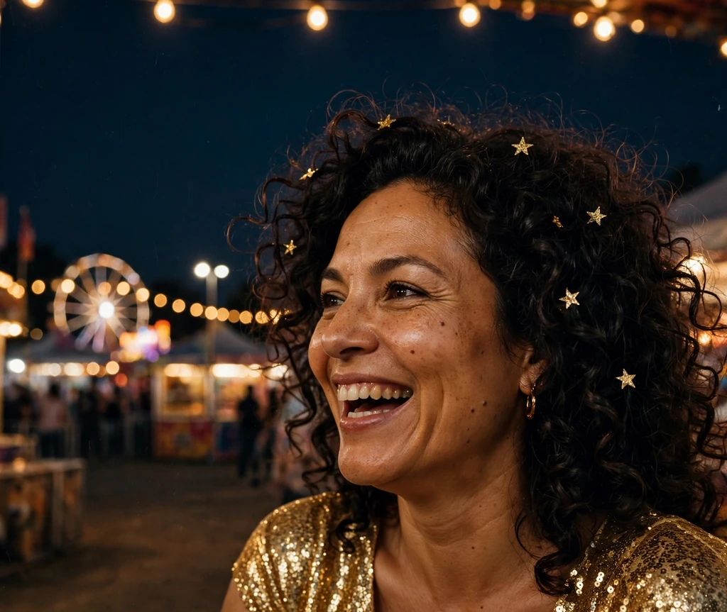 Woman with bouncy giggle curls and gold star clips