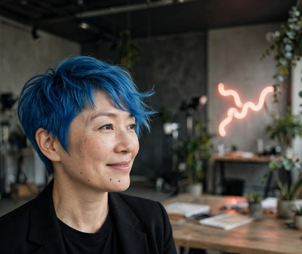 Woman with electric blue pixie haircut with playful fringe