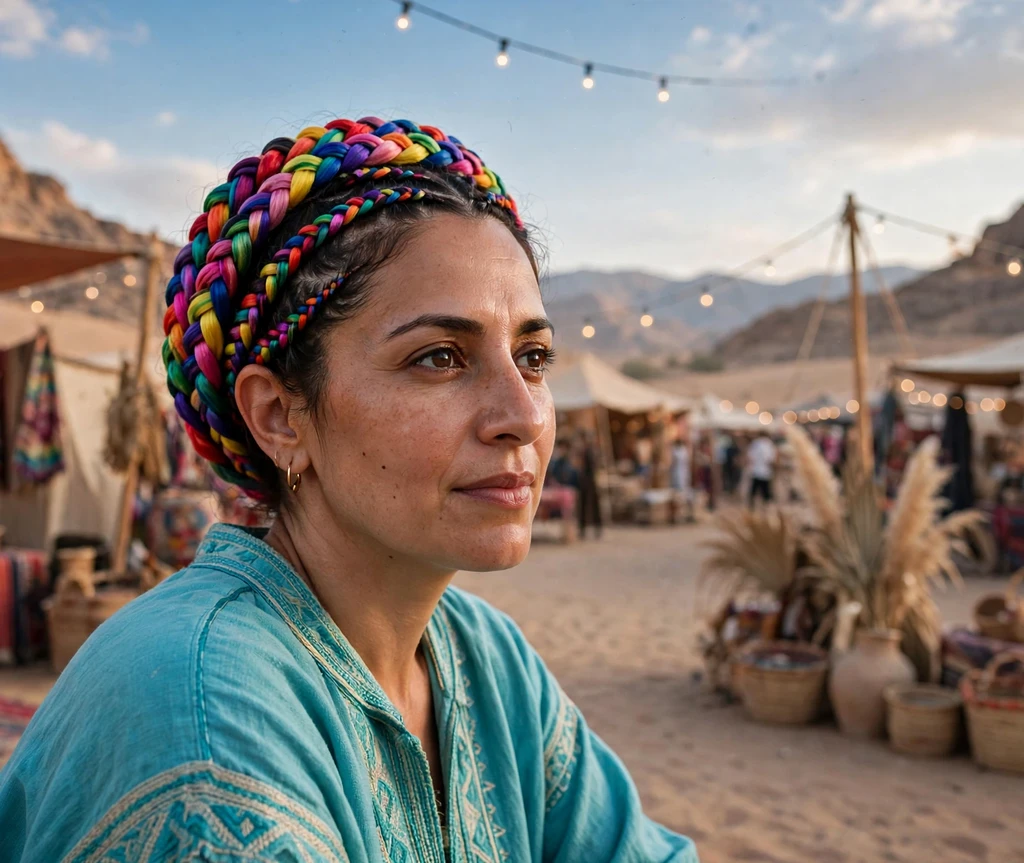 Woman with rainbow cornrows arranged in a crown pattern