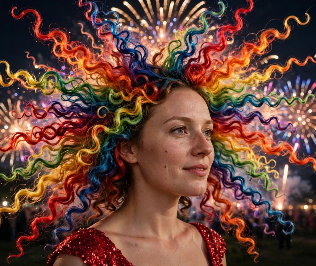 Woman with exploding rainbow firework curls