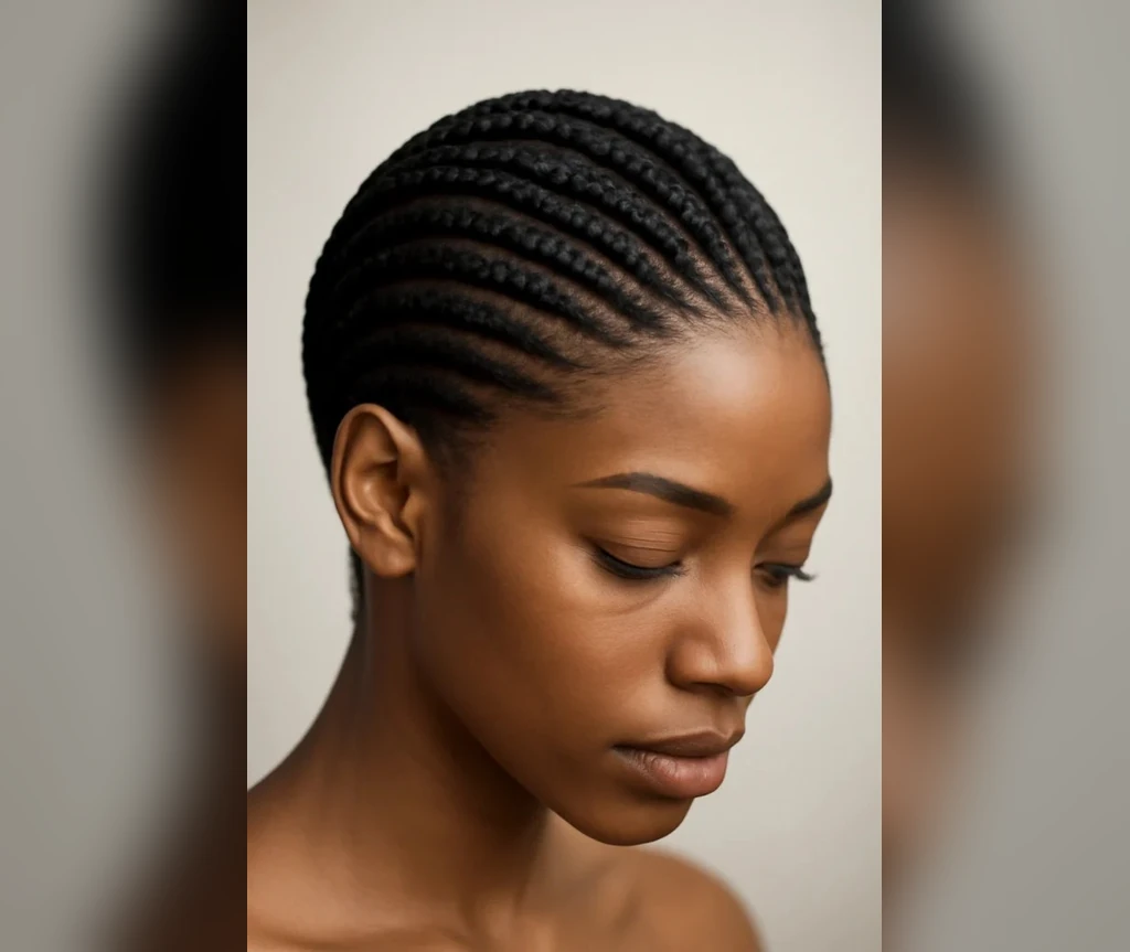 Classic straight-back cornrows on a woman with neat even rows