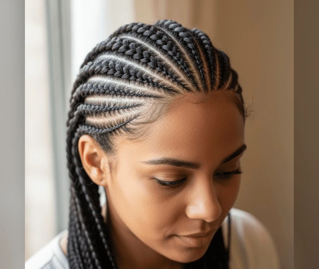 Stitch cornrows with crisp horizontal stitch lines in the braids