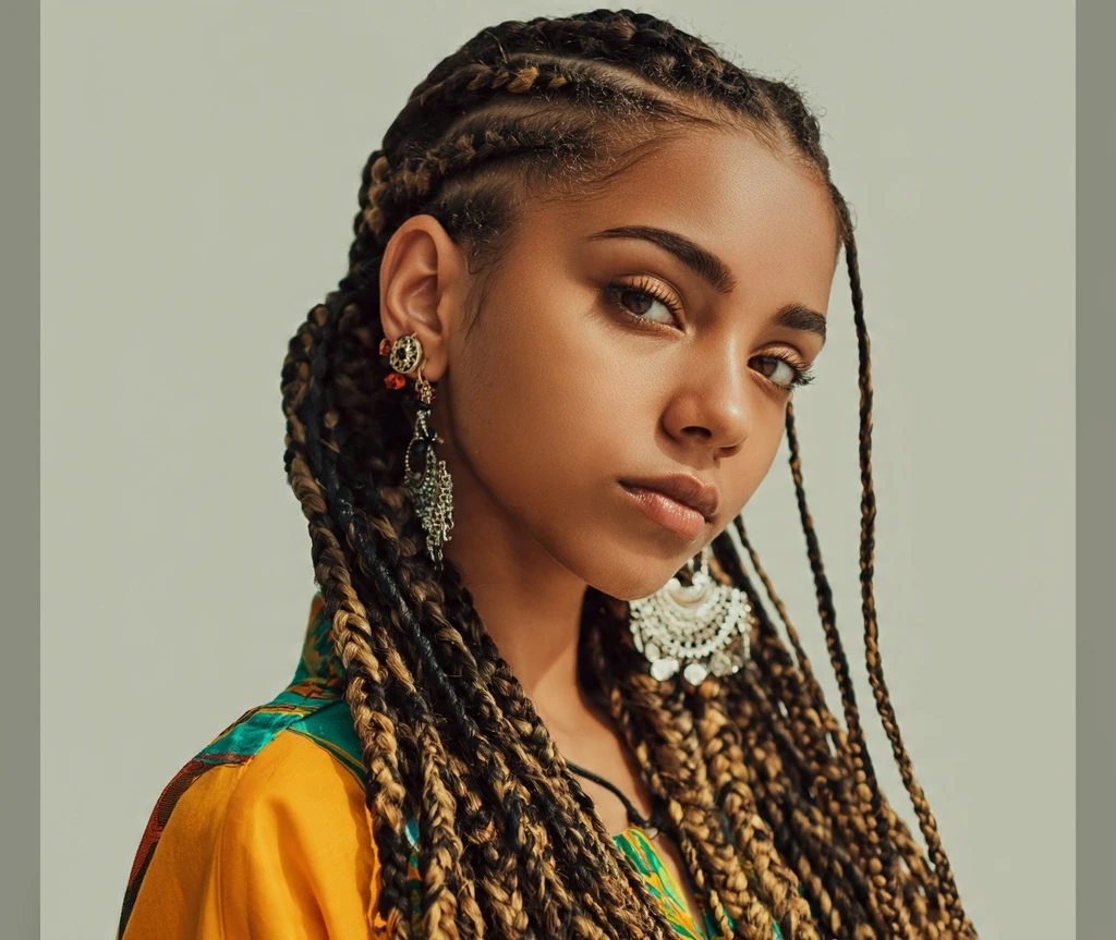 Fulani braids with cornrows, side braids and traditional jewellery