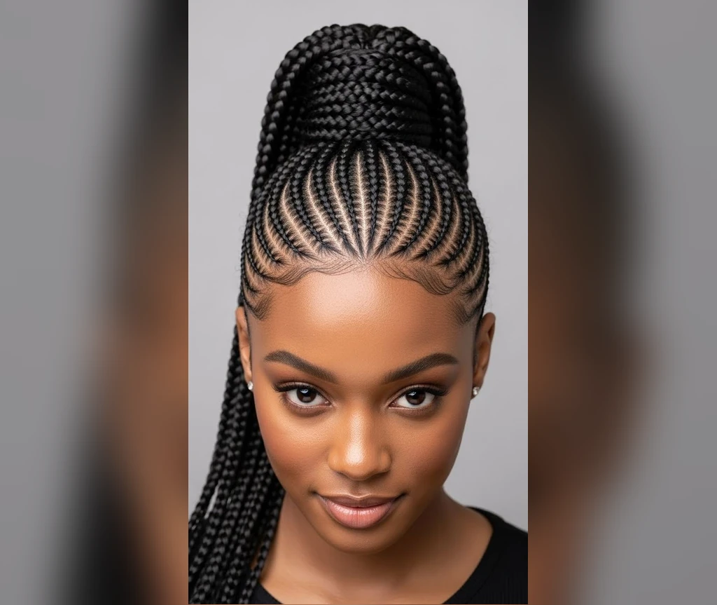 Cornrows into a high ponytail with sleek rows gathered up