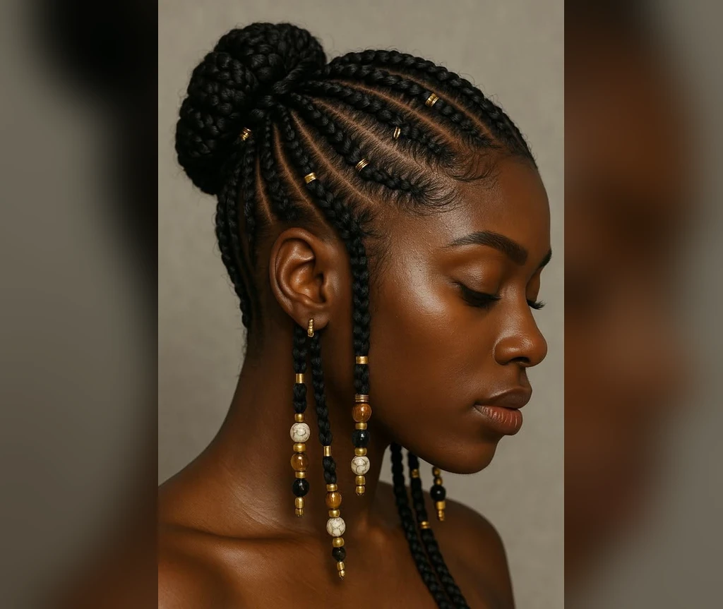 Cornrows with a bun and beaded braids hanging at the sides