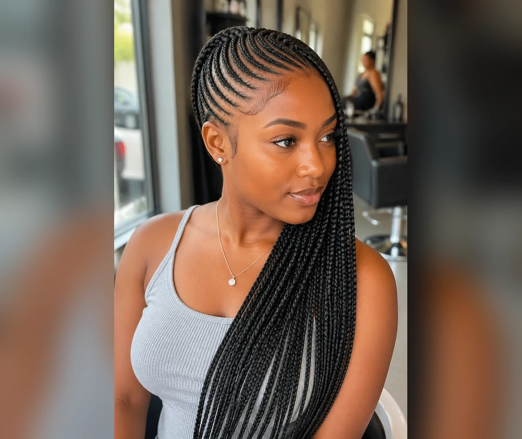 Side-swept cornrows with long braids falling over one shoulder
