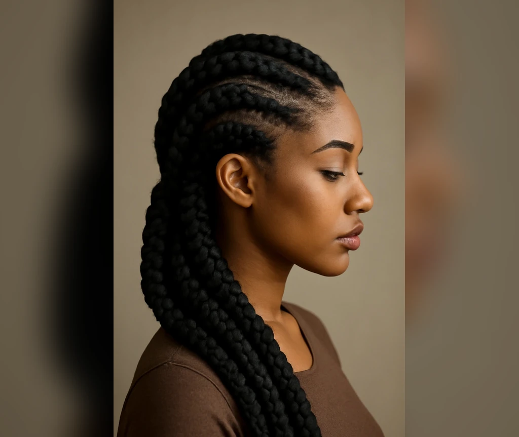 Jumbo cornrows with thick bold braids in a side profile